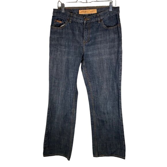 Eddie Bauer Women’s Blue Denim‎ Jeans Bootcut Pants Size 10 Dark Distressed Wash - Picture 1 of 10